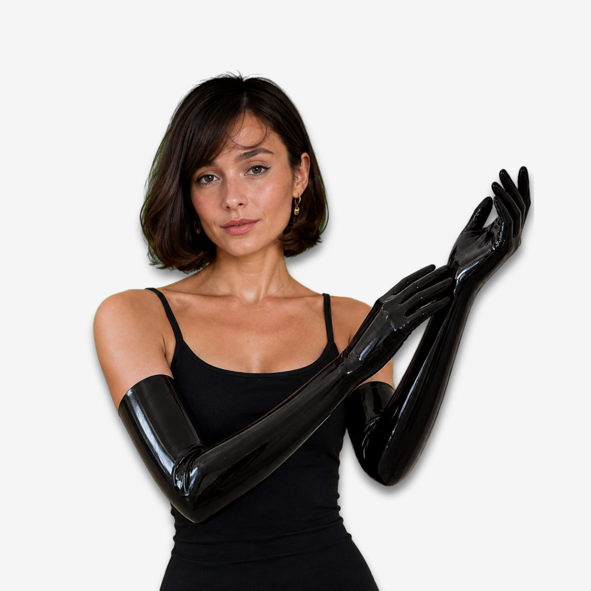 Model wears the black latex gloves